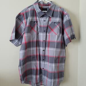 Akademiks Big & Tall Gray Red Plaid Button Front Short Sleeve Front Pocket